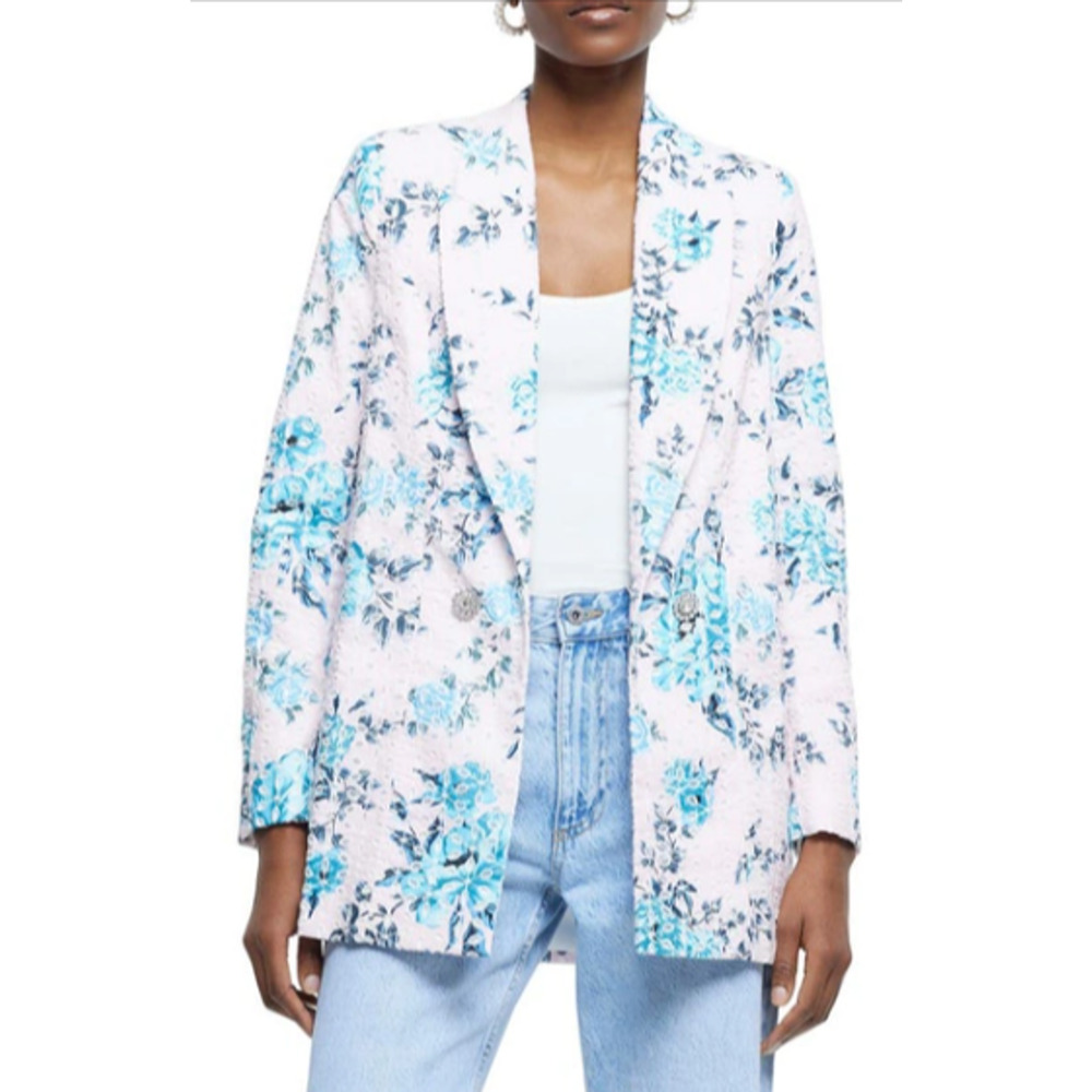 River Island Women's Pink Floral Broderie Detail Notch Blazer Size 6 NEW